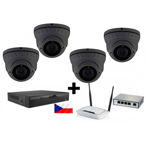 5MPx H265 kamerový IP POE set, 4x NC960, vari, IR40m + NVR 2104 + router + POE switch 4 + 1
