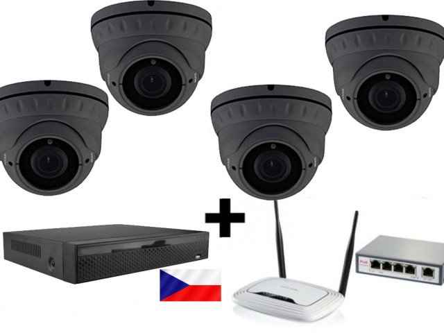 5MPx H265 kamerový IP POE set Zoneway - 4x dome kamera NC960, NVR 2104, router, POE switch 4 + 1