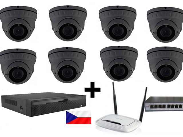 5MPx H265 kamerový IP POE set Zoneway - 8x dome kamera NC960, rekordér NVR 2104, router a POE switch 8 + 1