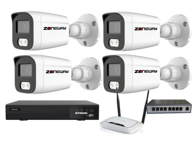4MPx kamerový IP POE set - 4x NC865+, POE switch 4 + 1| ZONEWAY 4-NC865+3016