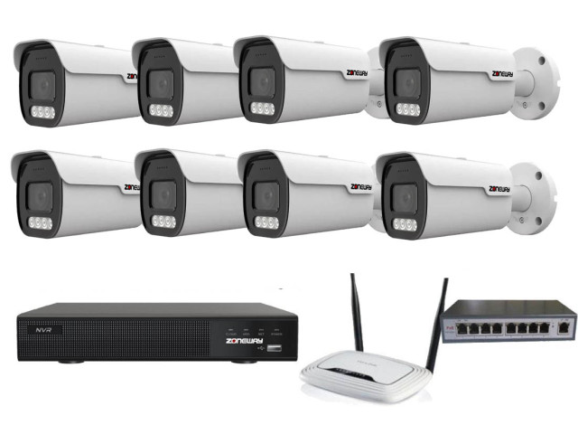 8MPx 4K ZOOM COLORVU kamerový IP POE set - 8x NC988, POE switch 8 + 1, NVR | ZONEWAY 8-NC988-3016