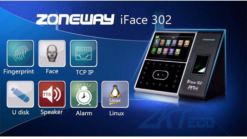 ZONEWAY iFace 302 – otisk prstu, obličej, TCP/IP, USB disk, reproduktor, alarm, Linux
