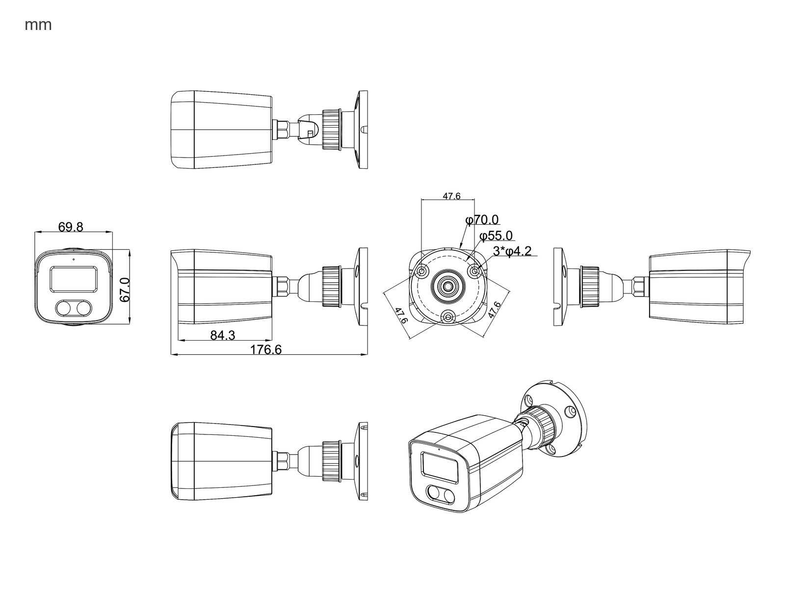 Rozměry kamery ZONEWAY NC865+ – 176,6 × 69,8 × 67 mm