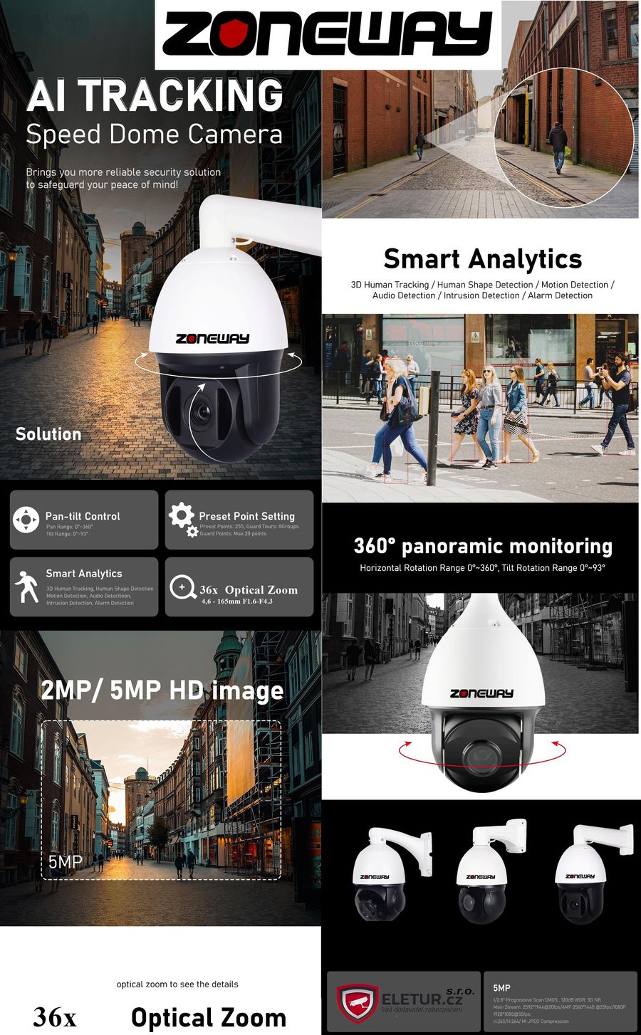 Venkovní PTZ kamera ZONEWAY s AI funkcemi a rozlišením 5 MPx