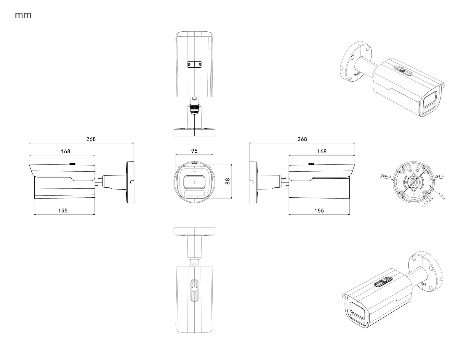 Rozměry kamery ZONEWAY NC988 – 268 × 95 × 88 mm