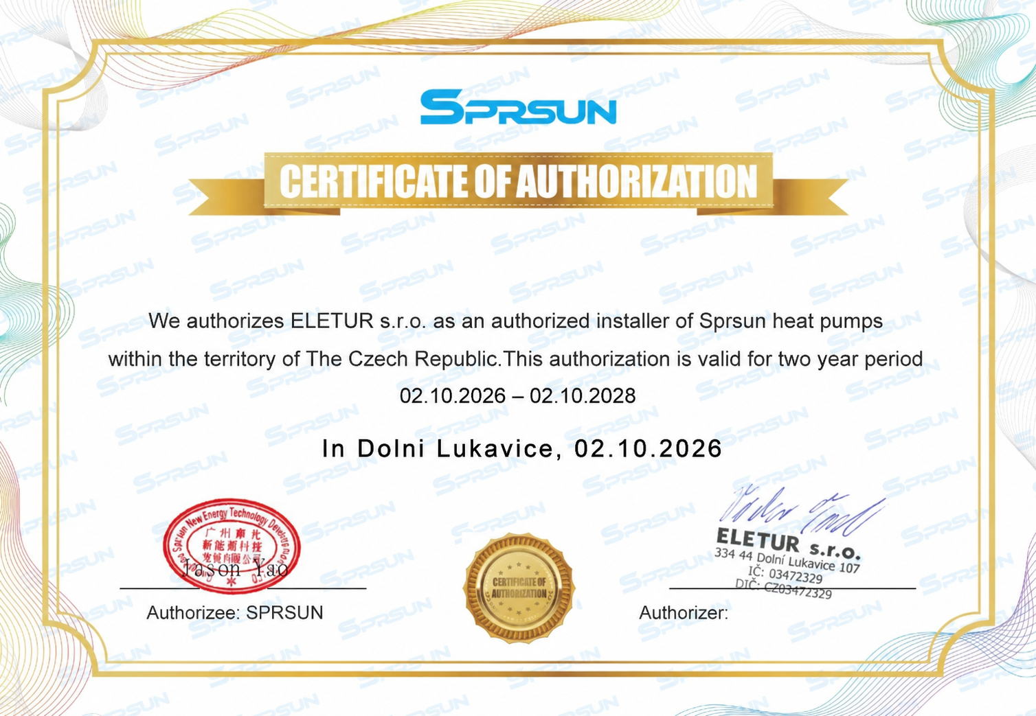 Autorizačný certifikát SPRSUN