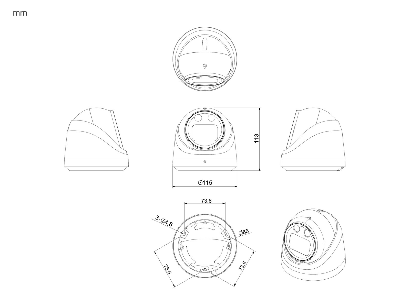 Rozmery kamery ZONEWAY NC961+ – Ø 115 × 113 mm