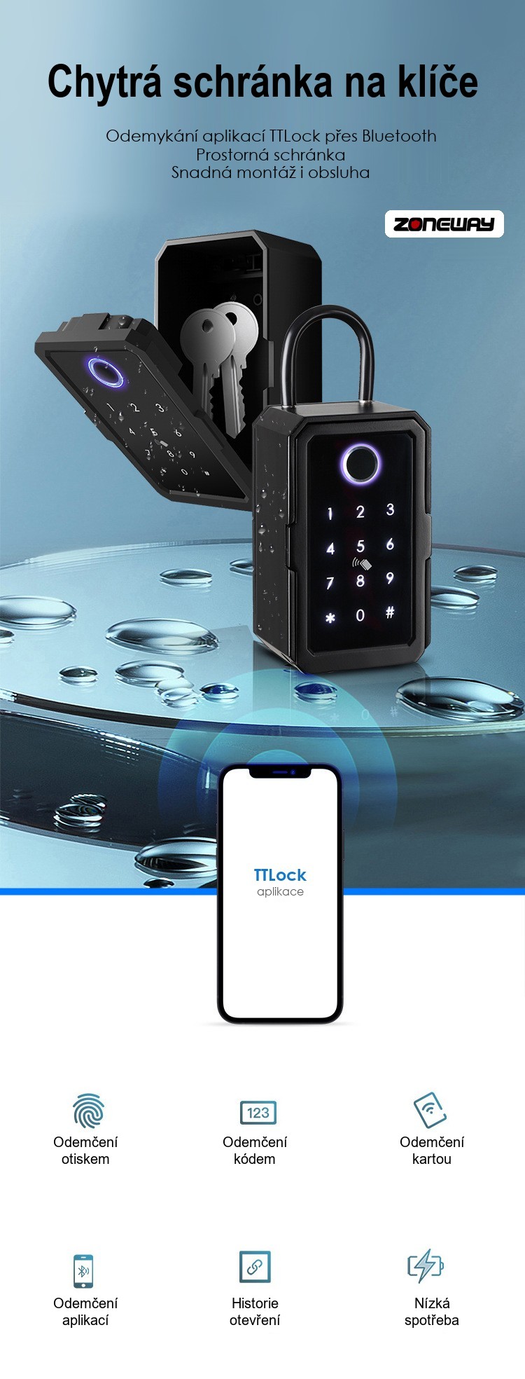 Chytrá schránka na klíče ZONEWAY K3-F TTLock – odemykání aplikací TTLock přes Bluetooth