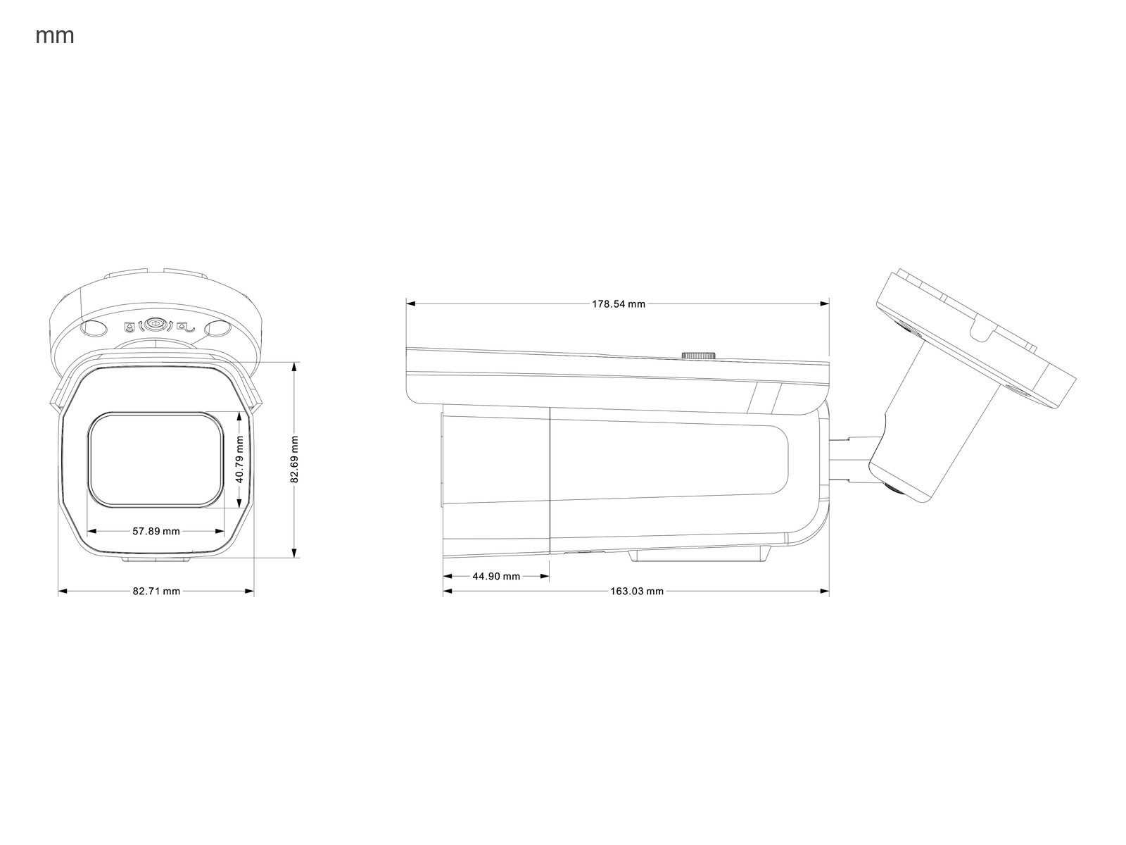 Rozmery kamery ZONEWAY NC971 – dĺžka 178,5 mm, čelo 82,7 × 82 mm