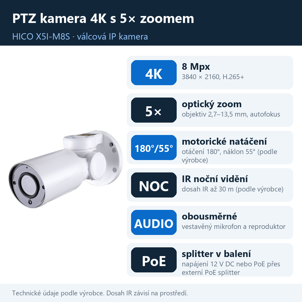 Venkovní válcová PTZ kamera HICO X5I-M8S, přehled vlastností: 4K, zoom 5×, natáčení, noční vidění, audio a PoE splitter v balení