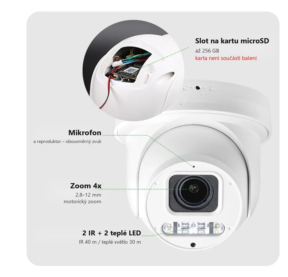 Popis výbavy kamery HICO X4D-M6S: microSD, mikrofon, zoom 4x, IR a teplé LED