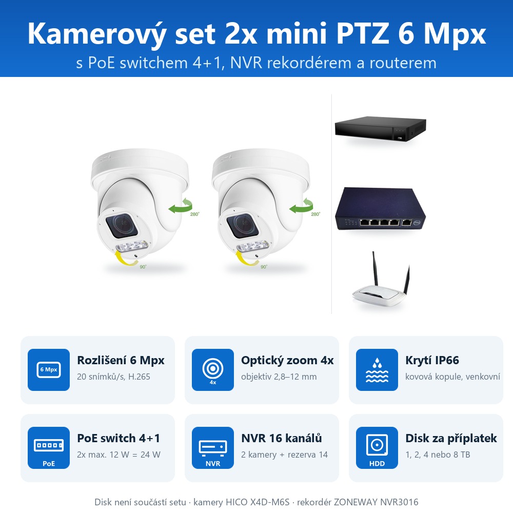 Infografika setu ZONEWAY 2-X4DM6S-3016: kamery, PoE switch, NVR a volitelný disk Infografika setu ZONEWAY 2-X4DM6S-3016: kamery, PoE switch, NVR a volitelný disk